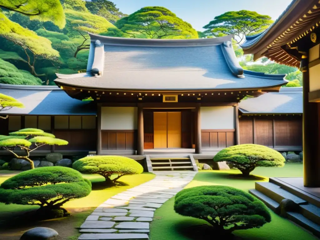 Un templo japonés tradicional rodeado de exuberante vegetación, con arquitectura de madera intrincada y un jardín pacífico