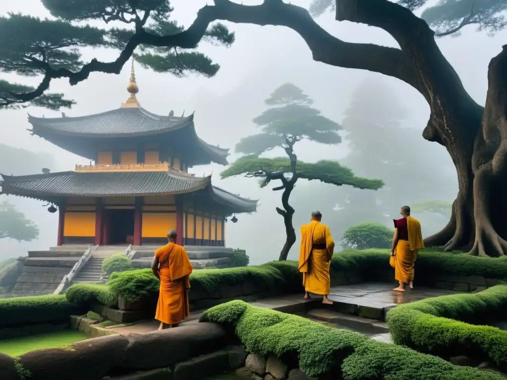 Templo montañoso envuelto en niebla con monjes y jardines, reflejando la Filosofía de la impermanencia asiática