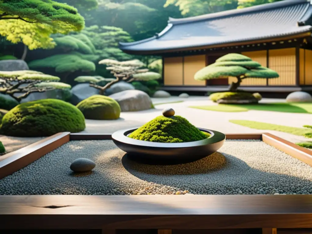 Jardín japonés zen con templo y naturaleza exuberante, transmite sabiduría antigua inversión digital