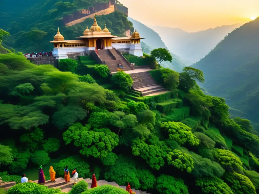 Templo de piedra en la India con carvings de deidades y devotos ascendiendo, capturando la espiritualidad y la búsqueda de Moksha en el hinduismo