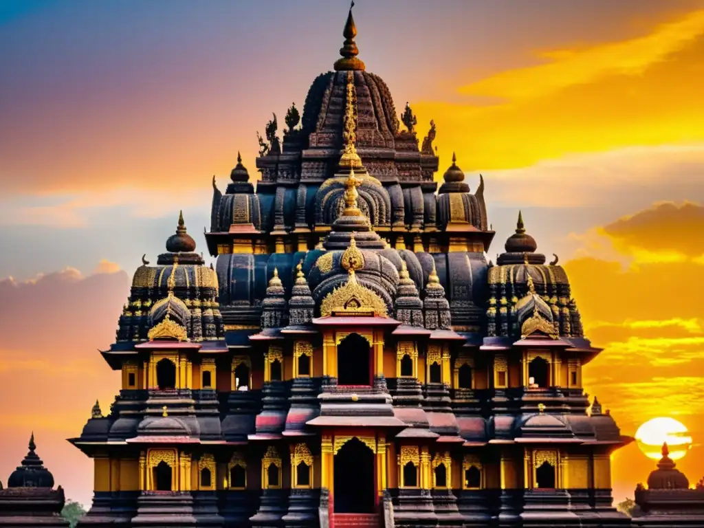 Templo de piedra tallado con deidades hindúes, iluminado por un cálido atardecer