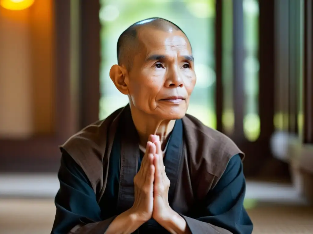 Thich Nhat Hanh medita en un templo, su rostro sereno iluminado por la suave luz natural