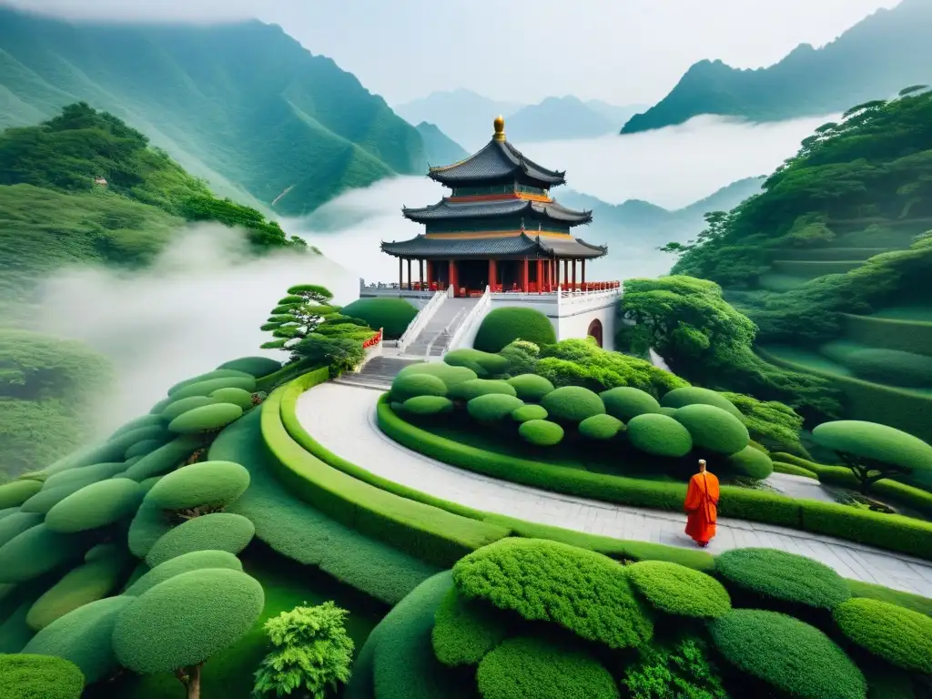 Un templo sereno en la cima de la montaña, con un practicante de meditación y la fusión de influencias taoístas y budistas en el budismo Chan de China