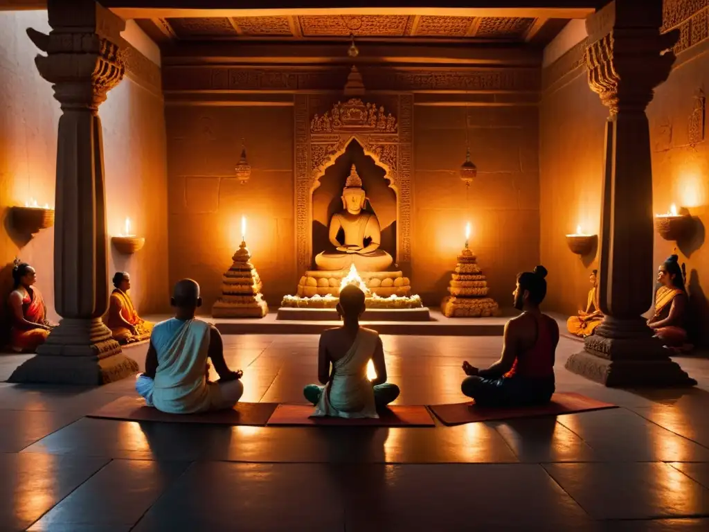 Un templo sereno iluminado con velas, personas meditando y estatuas de deidades hindúes en las paredes