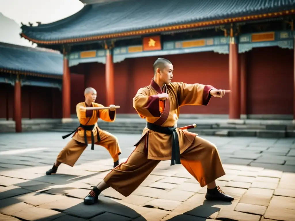 Shaolin monks practicando kung fu al amanecer en el templo, con sombras dramáticas