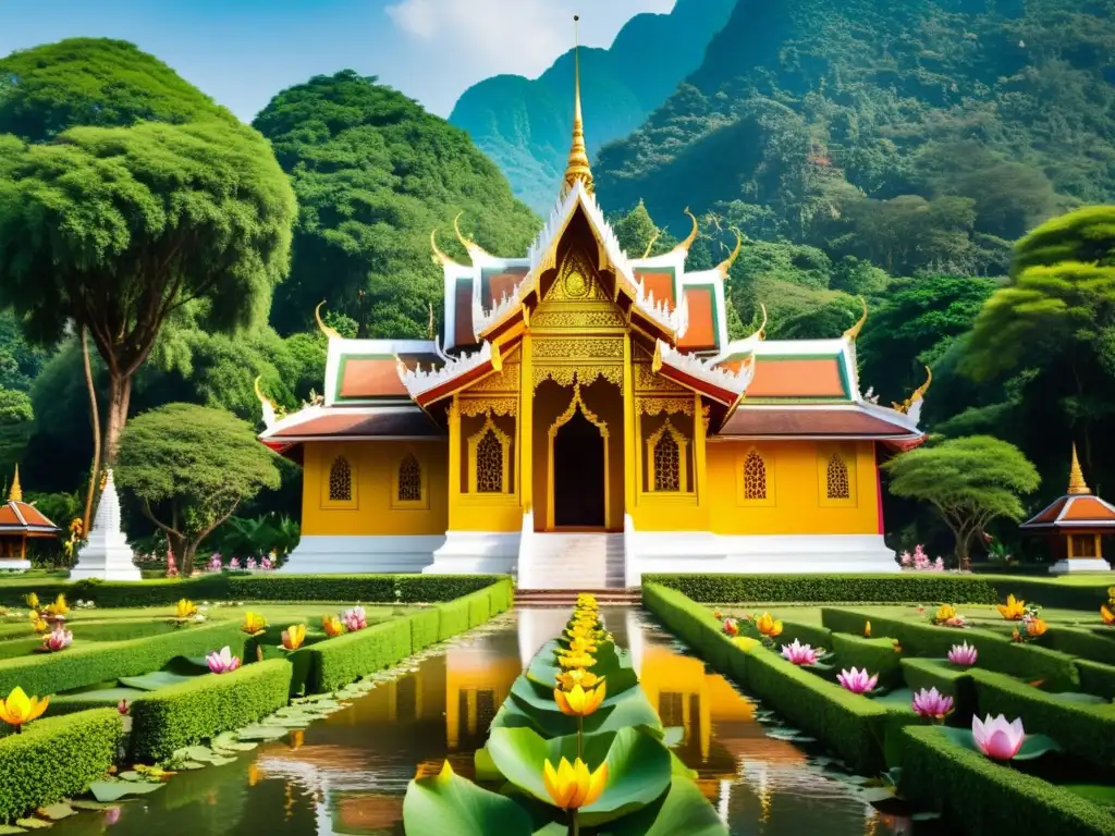 Templo tradicional del reino de Lanna en el norte de Tailandia, con detalles de madera tallada y techo de azulejos coloridos