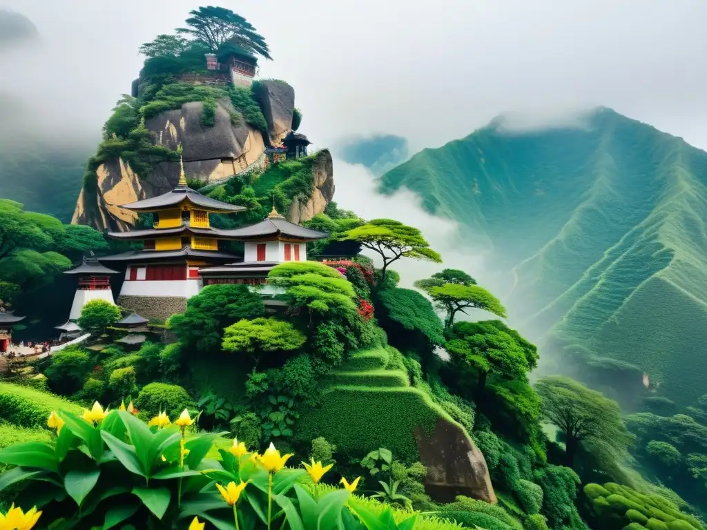 Un templo tranquilo entre la bruma, rodeado de exuberante vegetación, evoca la esencia atemporal del Taoísmo