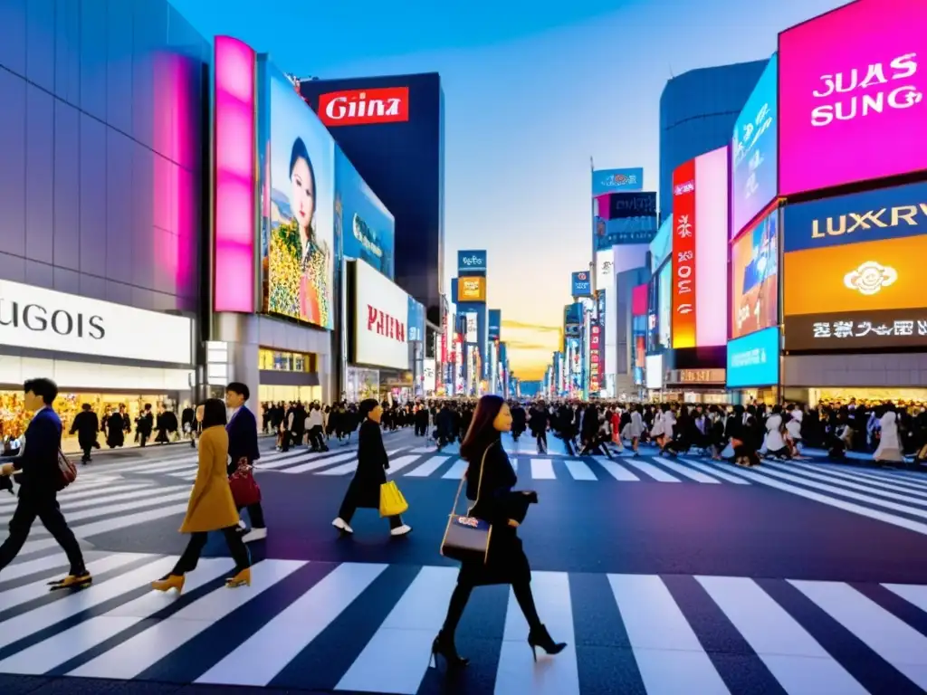 Tendencias de lujo en Asia: Calle bulliciosa de Ginza, Tokio, con boutiques de alta gama y moda asiática contemporánea y tradicional