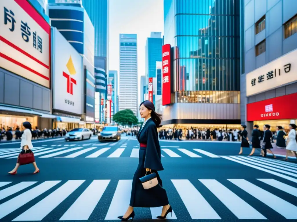 Tendencias de lujo en Asia: escena bulliciosa en Ginza, Tokyo, con moda elegante y arquitectura moderna fusionando estilos japoneses y contemporáneos