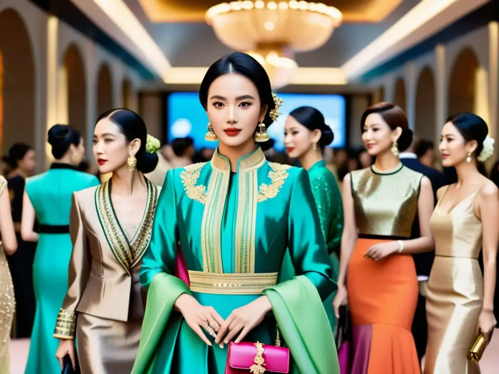 Tendencias de lujo en Asia: Evento de moda con influencia asiática, diseños vibrantes y asistentes elegantes