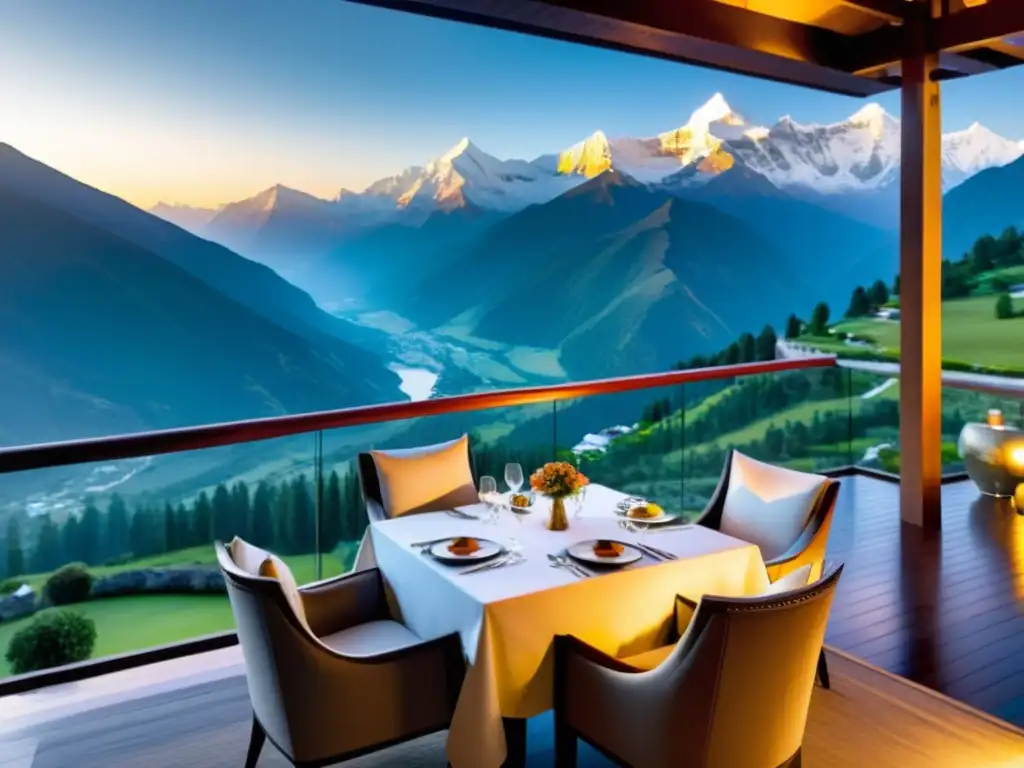 Terraza de resort exclusivo en el Himalaya con gastronomía sublime y vistas impresionantes de las montañas nevadas al atardecer