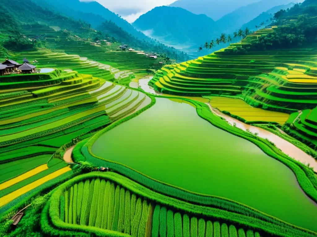 Terrazas de arroz en montañas de Asia con agricultores en trajes tradicionales, rodeados de exuberante vegetación y picos neblinosos