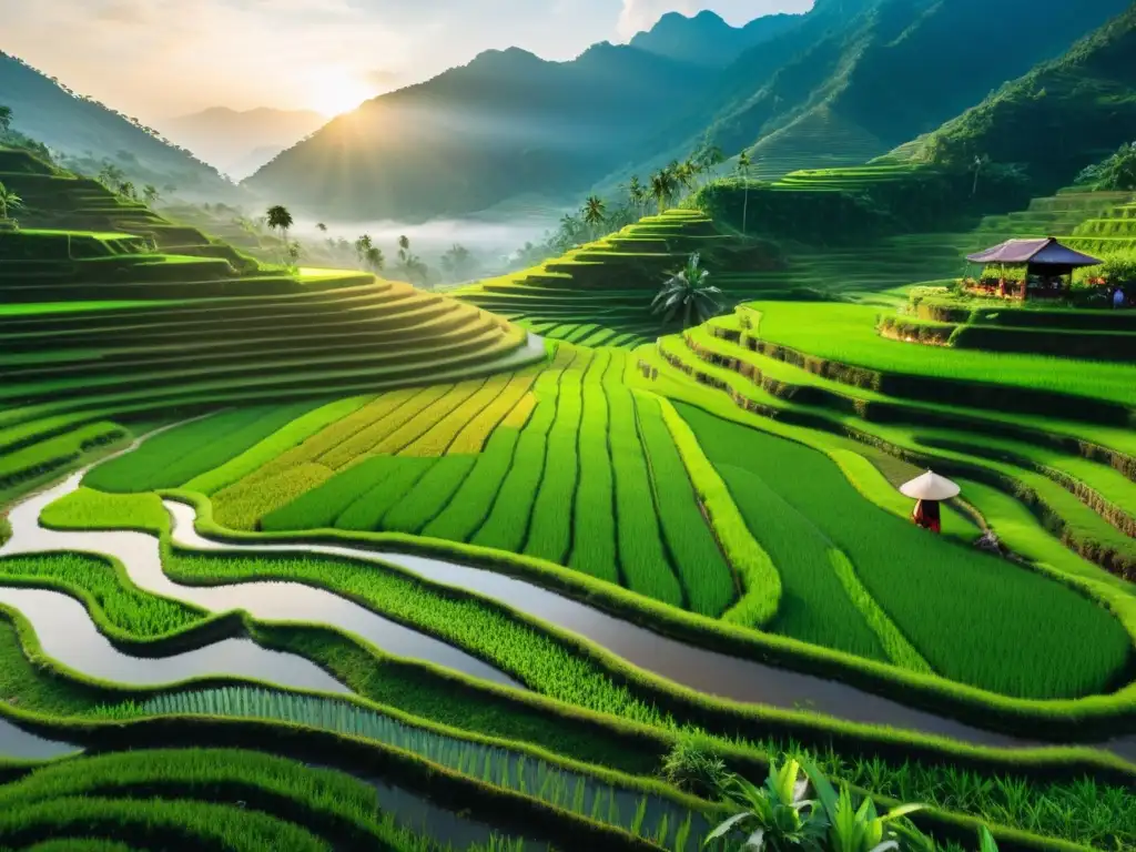 Terrazas de arroz en el sudeste asiático al atardecer con agricultores en trajes tradicionales