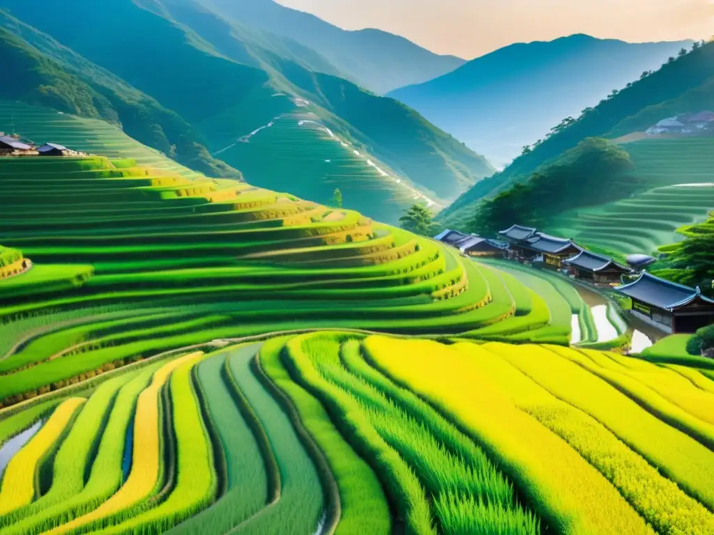 Terrazas de arroz en Corea del Sur, agricultores en trajes tradicionales trabajando bajo el cálido sol