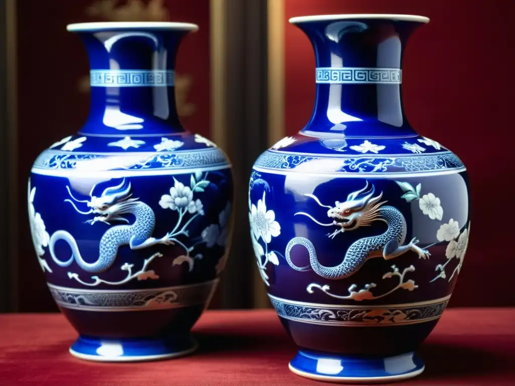 Descubrir tesoros: delicadas antigüedades chinas en vistosos jarrones de porcelana Ming, con diseños mitológicos en azul cobalto, sobre mesa lacada