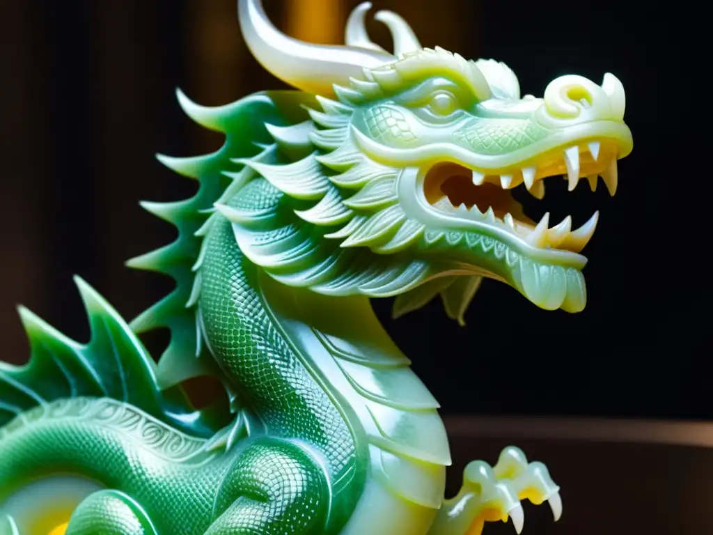 Descubrir tesoros: un dragón de jade de la antigua China, exhibido en un museo con luz tenue