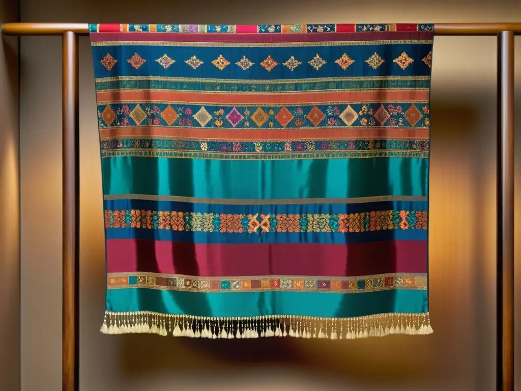 Textil antiguo de la Ruta de la Seda: vibrantes colores y patrones delicados en seda, iluminados por luz natural, evocando herencia cultural