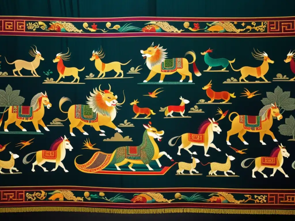 Textil antiguo de seda de la Ruta de la Seda, con detalles y colores vibrantes, reflejando la artesanía china milenaria