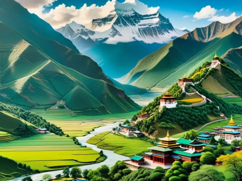Thangka tibetano: paisaje atemporal Un thangka tibetano detalla un paisaje montañoso y sereno