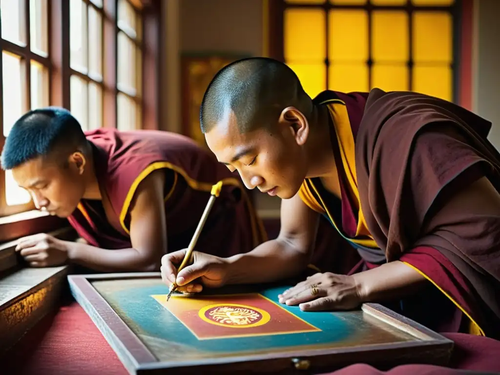 Tibetanos restaurando una antigua pintura thangka con meticulosidad y espiritualidad