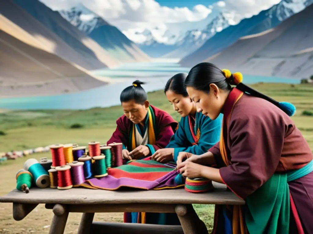 Tibetanos reinventando trajes típicos Tíbet con bordados detallados, rodeados de coloridos hilos, en el majestuoso telón de fondo del Himalaya