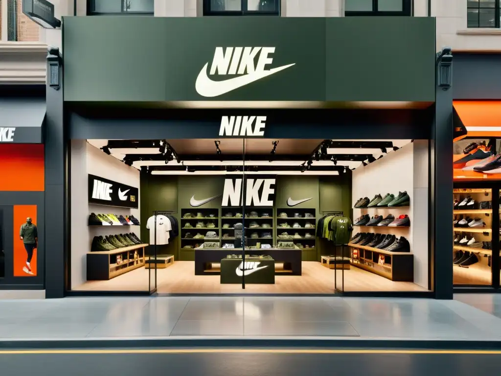 Una tienda de Nike muestra una campaña de marketing militar con productos llamativos y tácticas militares, fusionando estrategias de negocios con arte