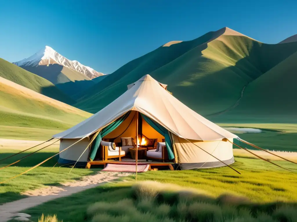 Una tienda de glamping de lujo en Mongolia, rodeada de naturaleza y águilas doradas, emana calidez y aventura