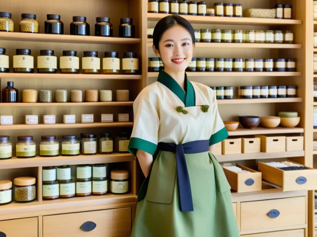 Tienda de medicina herbal coreana: fusión de ciencia y naturaleza Tienda de hierbas medicinales coreanas con ingredientes naturales como ginseng y té verde