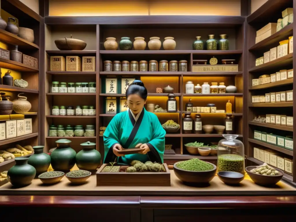 Una tienda de medicina china tradicional en la dinastía Ming, llena de ingredientes medicinales y actividad vibrante