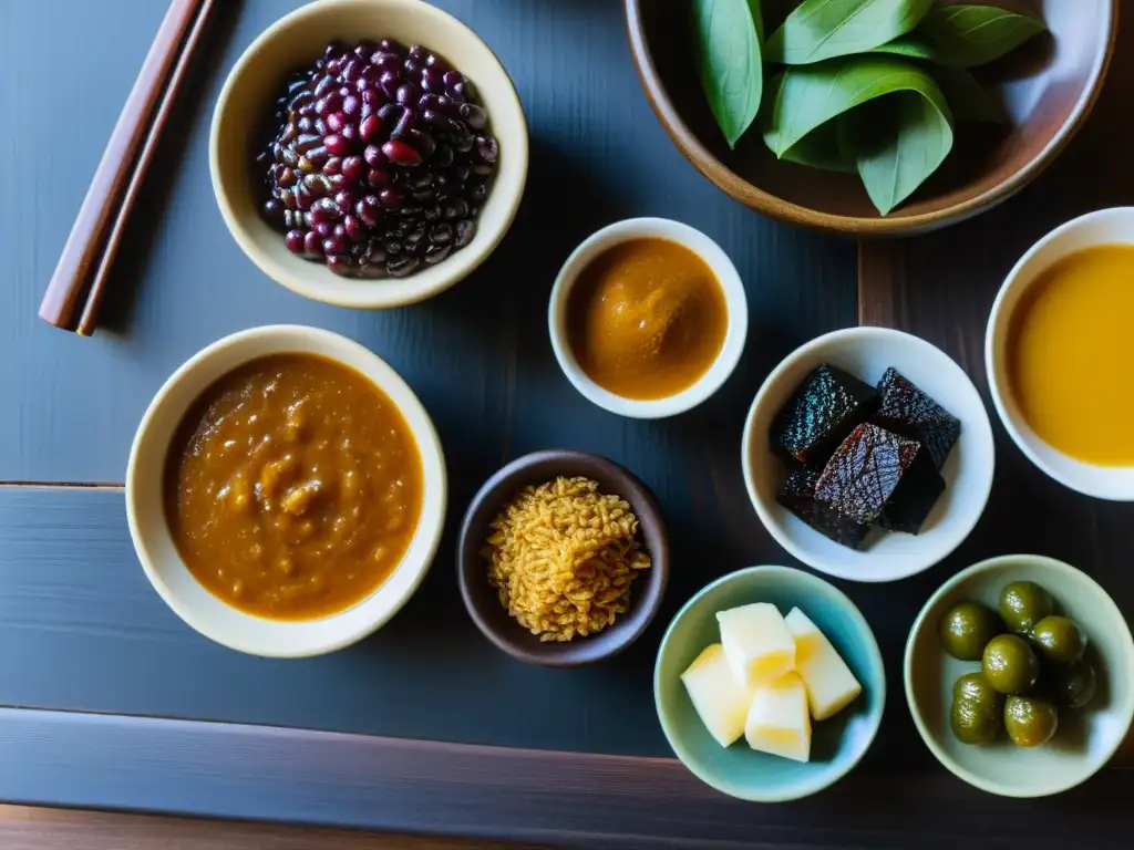 Diferentes tipos de Doenjang en una mesa coreana tradicional, mostrando variaciones en color, textura y consistencia