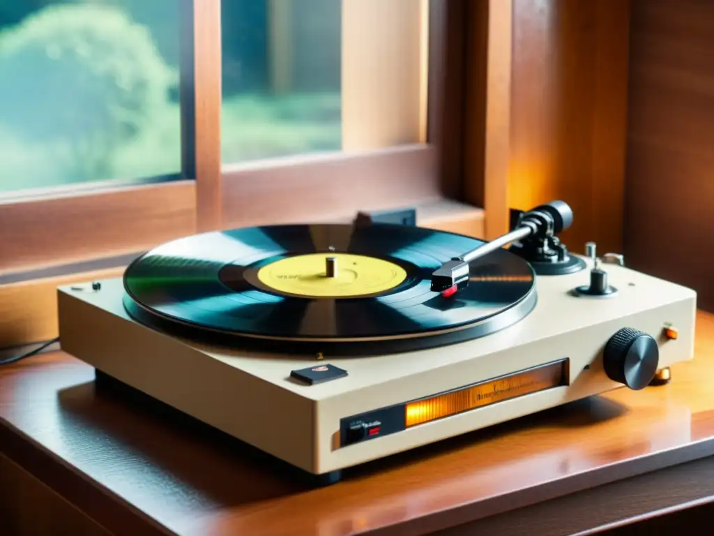 Un tocadiscos vintage con un disco de vinilo girando