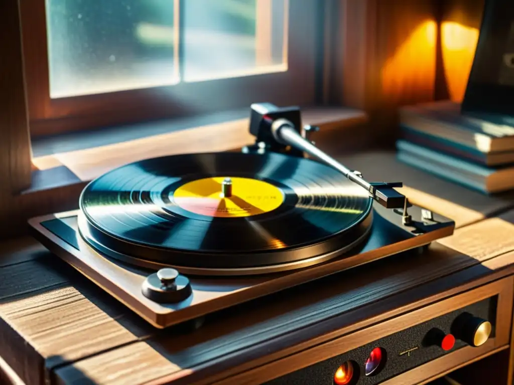 Un tocadiscos vintage con un disco de vinilo girando, rodeado de álbumes clásicos