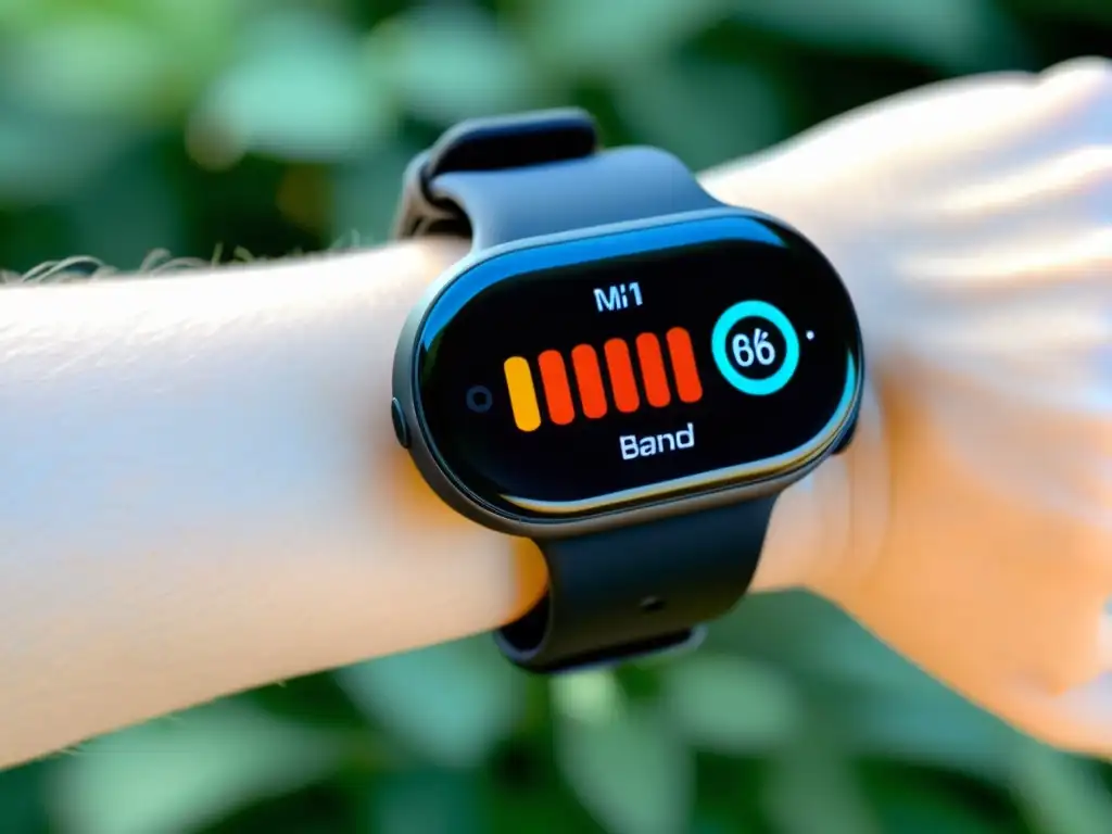 Una toma ultra detallada de la Xiaomi Mi Band 6 en la muñeca, mostrando métricas de salud en su vibrante pantalla AMOLED