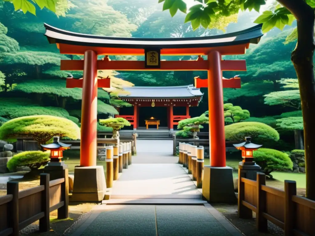 Un torii japonés en un santuario sereno rodeado de exuberante vegetación