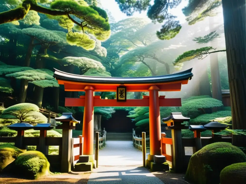 Un torii de madera envejecida se alza en la entrada de un bosque, mostrando la espiritualidad a través del arte Shinto