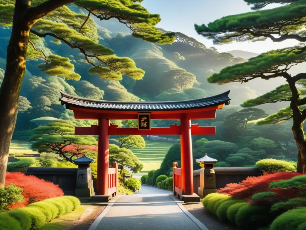 Un Torii rojo se alza majestuoso entre exuberante vegetación