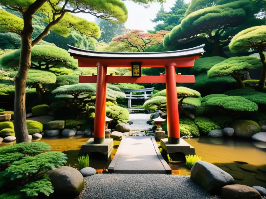 Un Torii sagrado se alza en un apacible jardín japonés, resaltando su significado cultural y la belleza natural que lo rodea