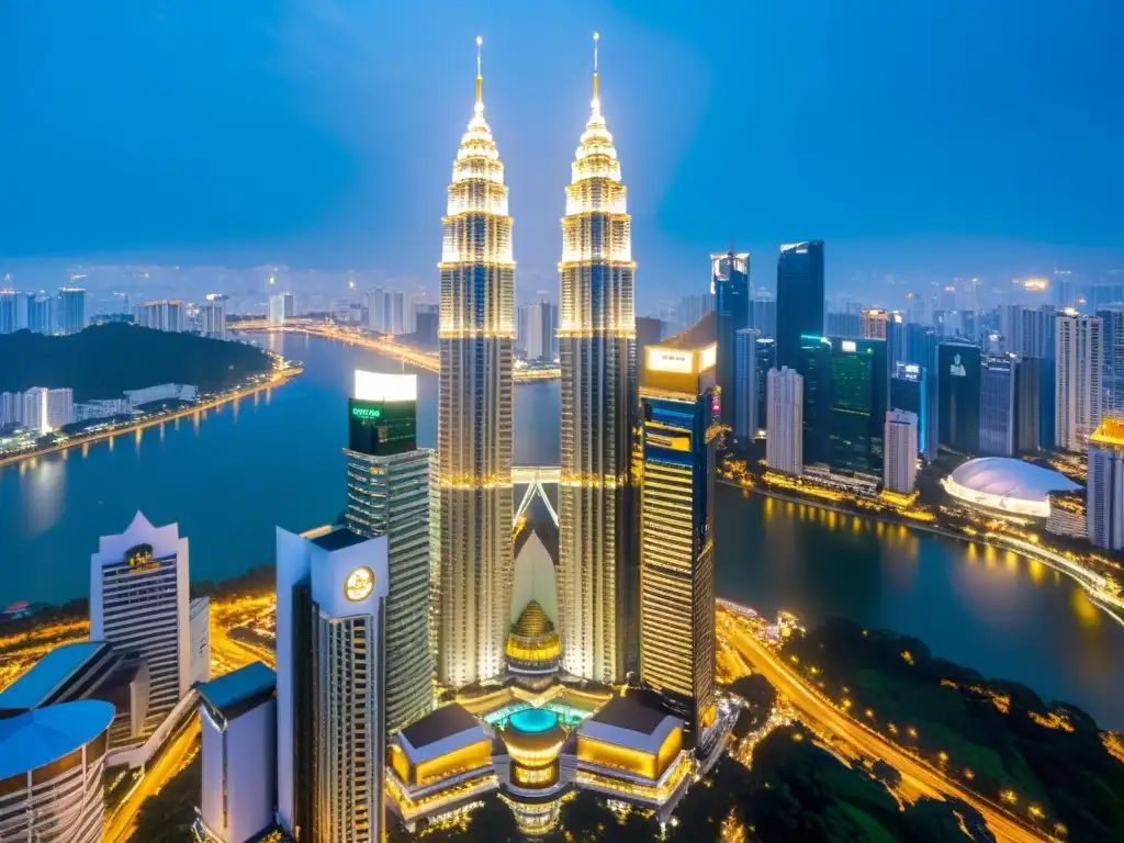 Las Torres Petronas en Kuala Lumpur, con el lujoso Four Seasons Hotel y la vibrante ciudad al atardecer