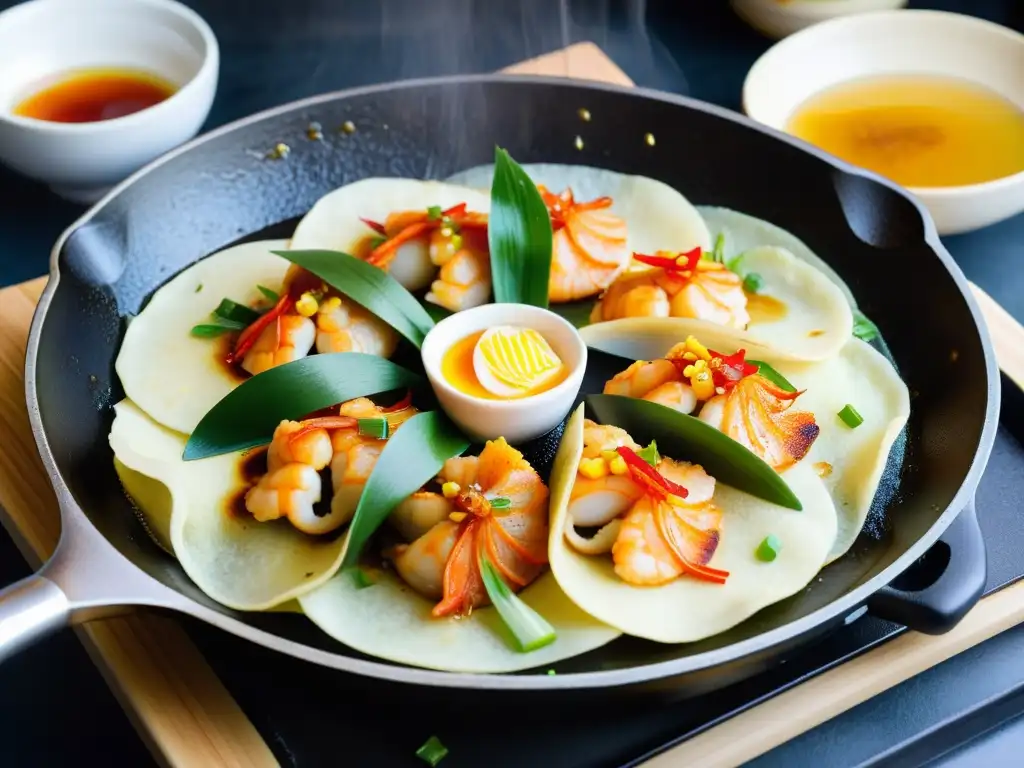 Una torta de mariscos coreana auténtica sizzling en una sartén de hierro fundido, con scallions, ajo y una atmósfera cálida y sabrosa