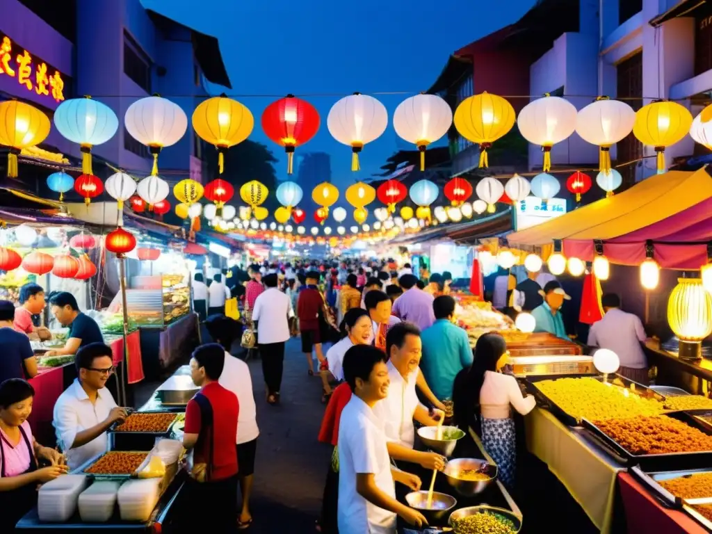 Tours privados mercados nocturnos Asia: Animado mercado nocturno con puestos de comida coloridos iluminados por faroles y letreros de neón