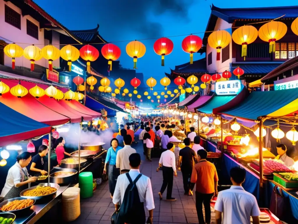 Tours privados mercados nocturnos Asia: Animado mercado nocturno en Asia con puestos de comida coloridos, luces de neón y multitud diversa