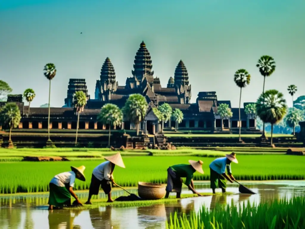 Trabajadores en campos de arroz con Angkor Wat al fondo, reflejando las clases sociales en la era de Angkor Wat