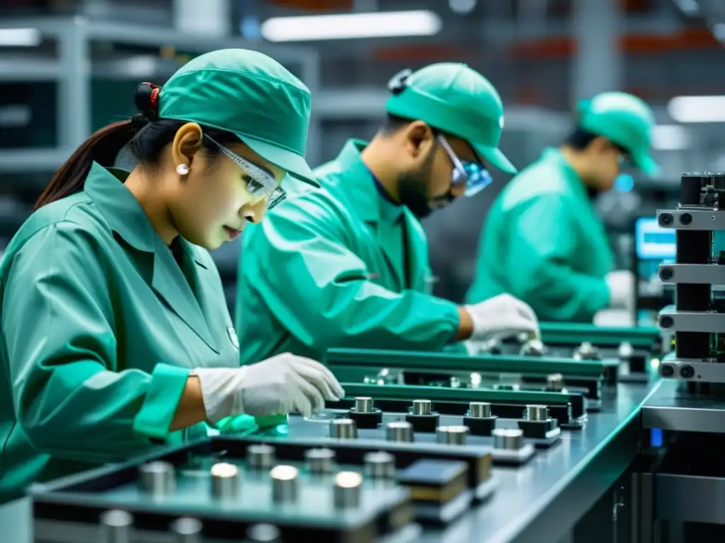 Trabajadores ensamblando minitabletas en una fábrica de alta tecnología, con maquinaria de precisión y circuitos intrincados bajo escrutinio