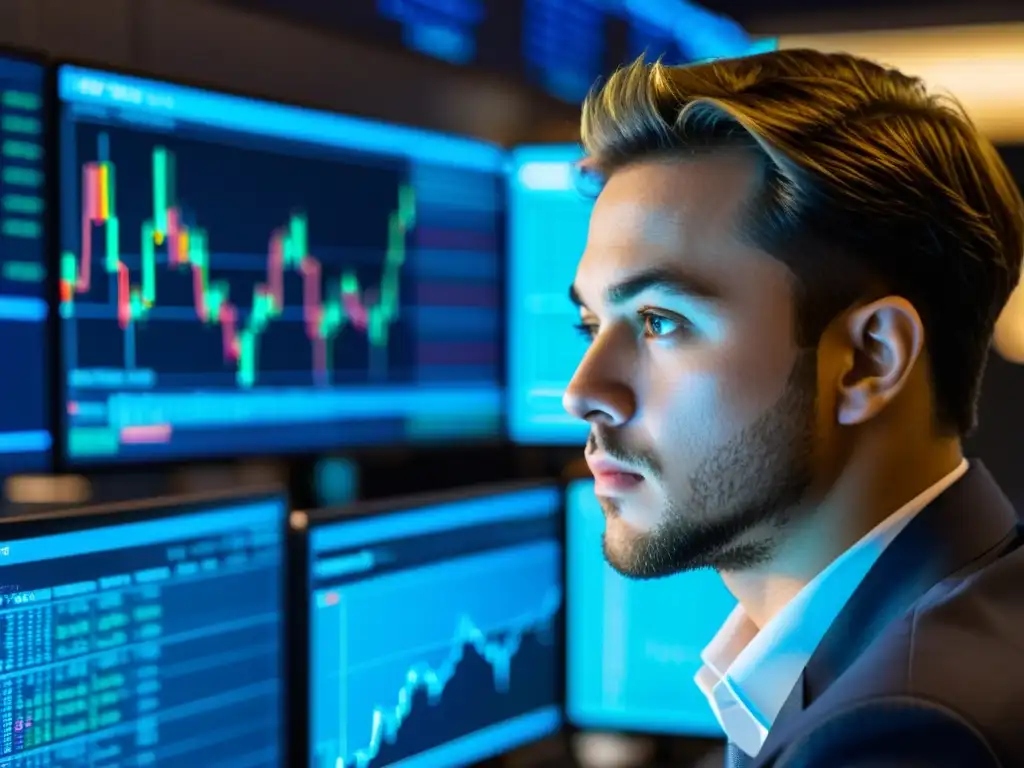 Un trader de criptomonedas evalúa con intensa concentración el verdadero valor de una criptomoneda, reflejando la complejidad del proceso