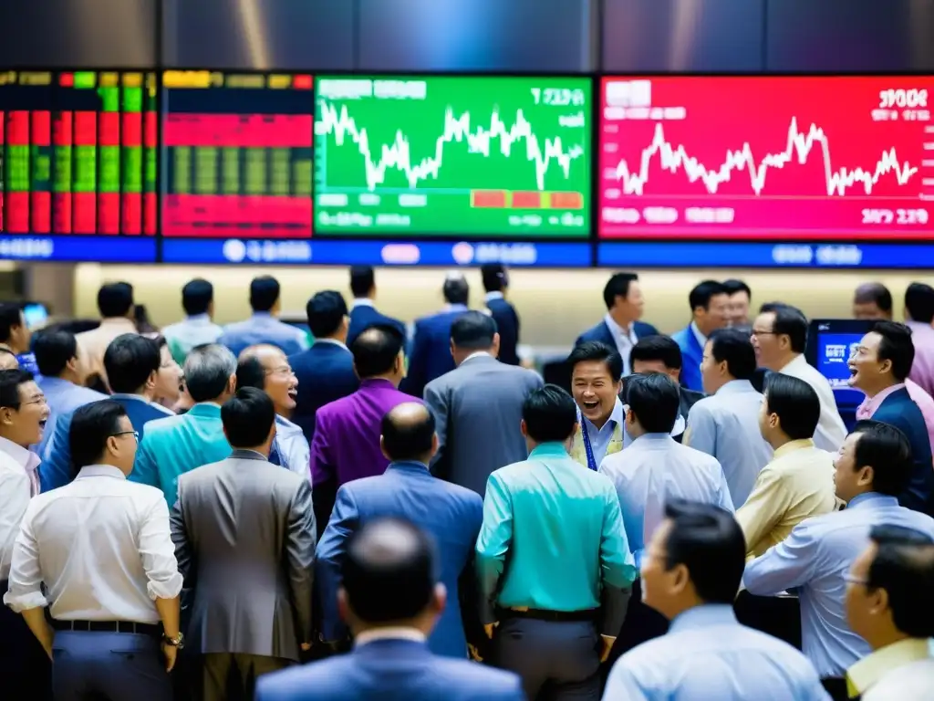 Intenso mercado bursátil asiático: traders, gestos y pantallas Traders asiáticos en la bulliciosa bolsa de valores, con pantallas de datos financieros