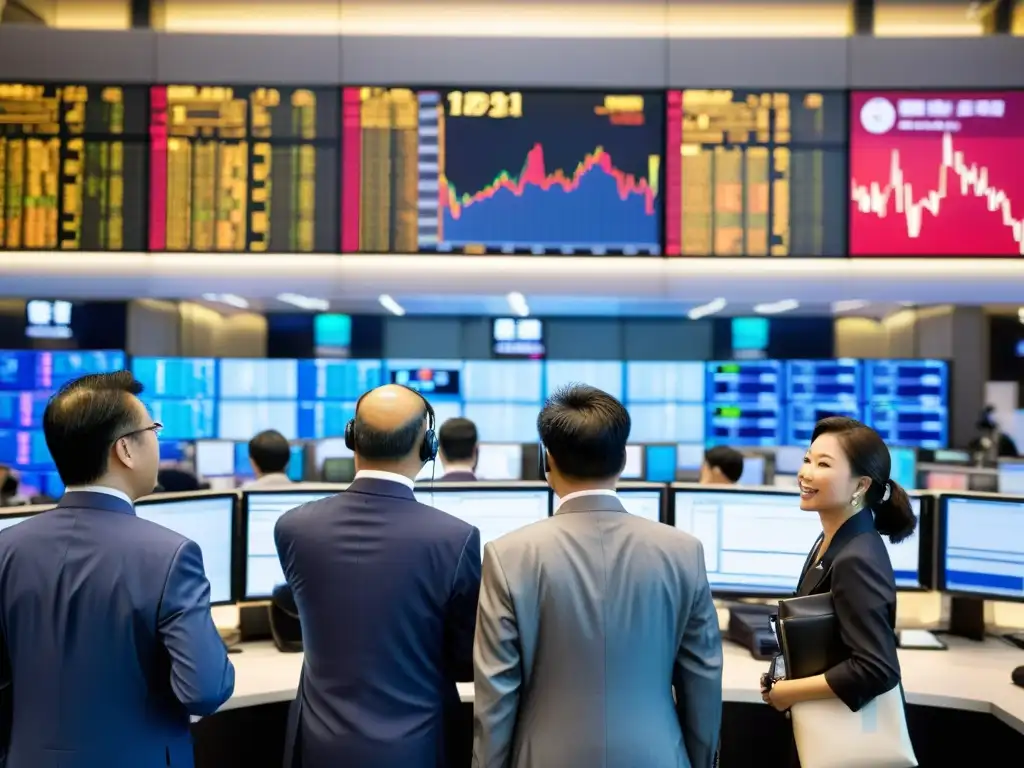 Vibrante mercado bursátil en Hong Kong: traders, órdenes y skyline Traders en la Bolsa de Hong Kong, con pantallas de cotizaciones en tiempo real y el icónico skyline de fondo