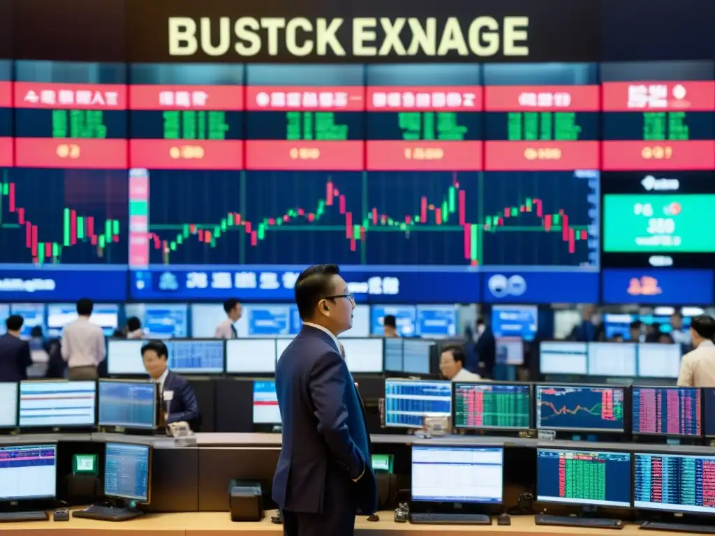 Traders en una bolsa de valores asiática, con bonos asiáticos refugio inversionistas globales exhibidos en pantallas digitales