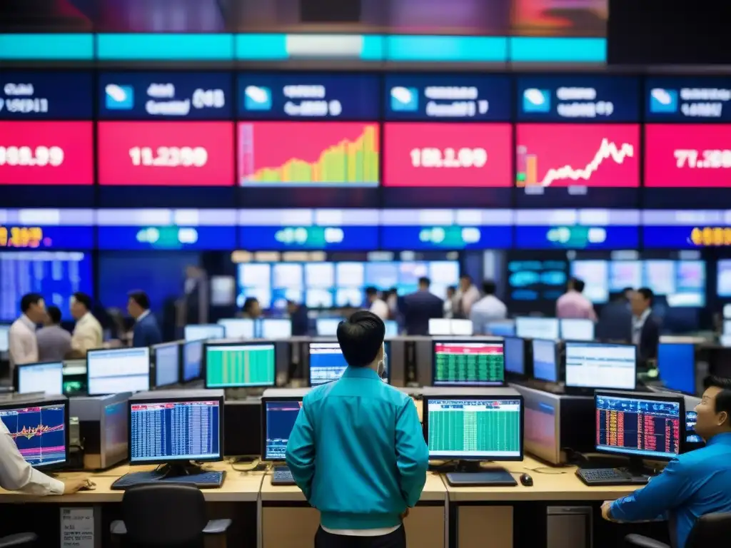 Caos y energía en la bolsa de valores asiática Traders en una bulliciosa bolsa de valores asiática, con pantallas mostrando datos bursátiles