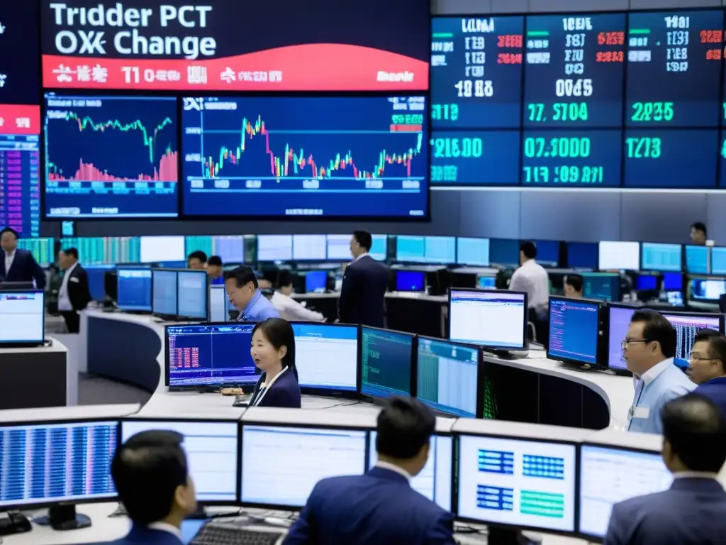 Traders en una bulliciosa sala de operaciones de un moderno mercado de futuros en Asia, con pantallas mostrando datos del mercado en tiempo real