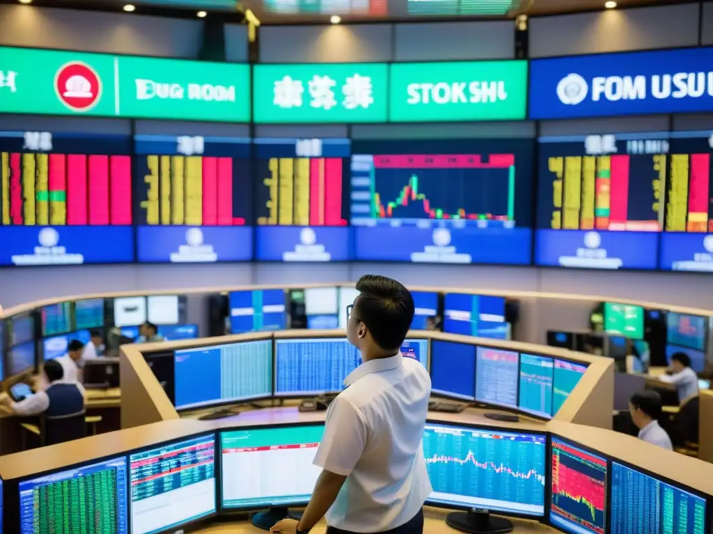 Traders en el bullicioso mercado bursátil de Asia con elementos de Feng Shui financiero para inversiones asiáticas